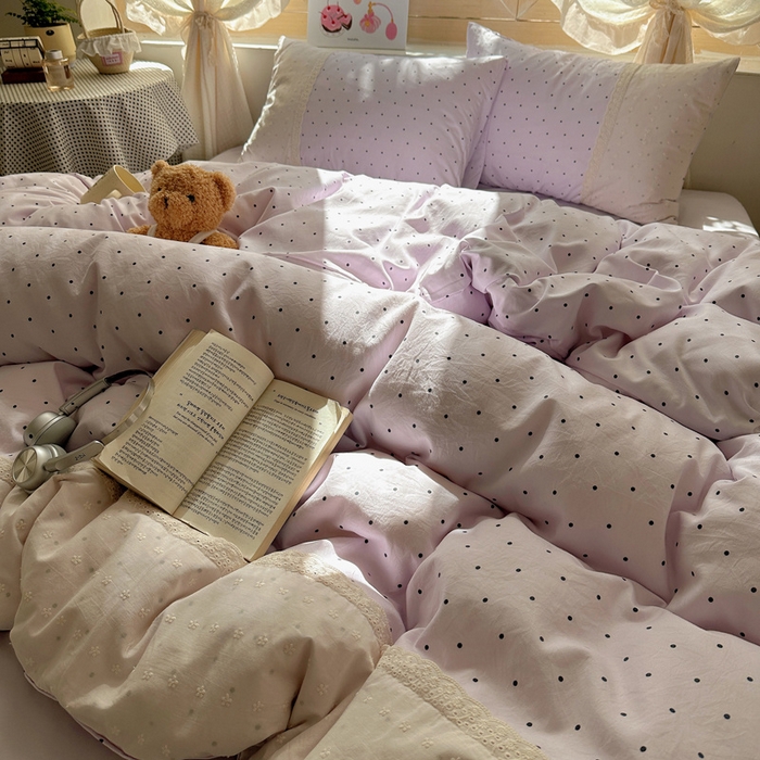 91家纺网 家纺一手货源 找家纺 桃心家居 2025新款云感水洗棉蕾丝花边四件套 水洗棉花边-蕾丝紫点奶昔