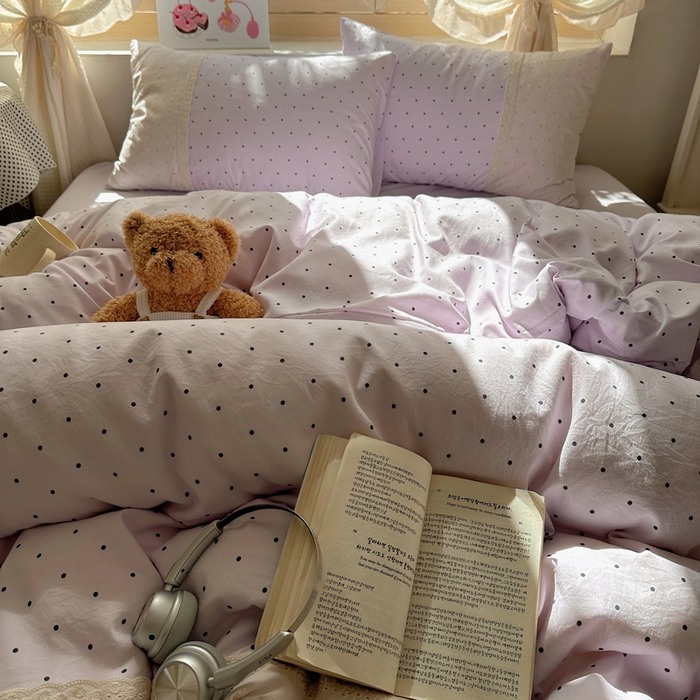 91家纺网 家纺一手货源 找家纺 桃心家居 2025新款云感水洗棉蕾丝花边四件套 水洗棉花边-蕾丝紫点奶昔