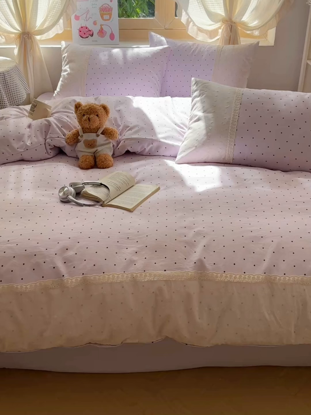 91家纺网 家纺一手货源 找家纺 桃心家居 2025新款云感水洗棉蕾丝花边四件套 水洗棉花边-蕾丝紫点奶昔