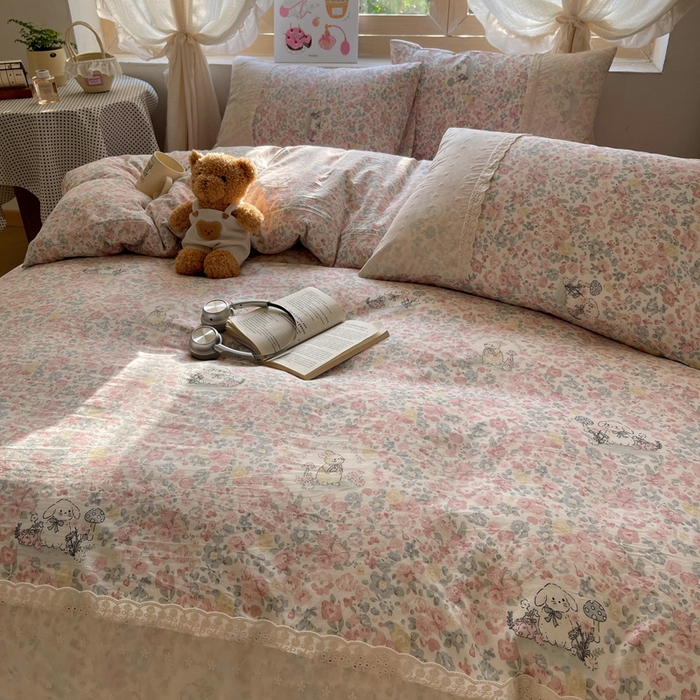 91家纺网 家纺一手货源 找家纺 桃心家居 2025新款云感水洗棉蕾丝花边四件套 水洗棉花边-蕾丝紫幽花兔