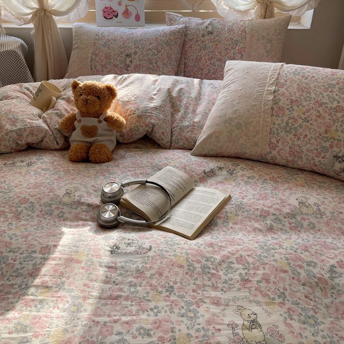 91家纺网 家纺一手货源 找家纺 桃心家居 2025新款云感水洗棉蕾丝花边四件套 水洗棉花边-蕾丝紫幽花兔