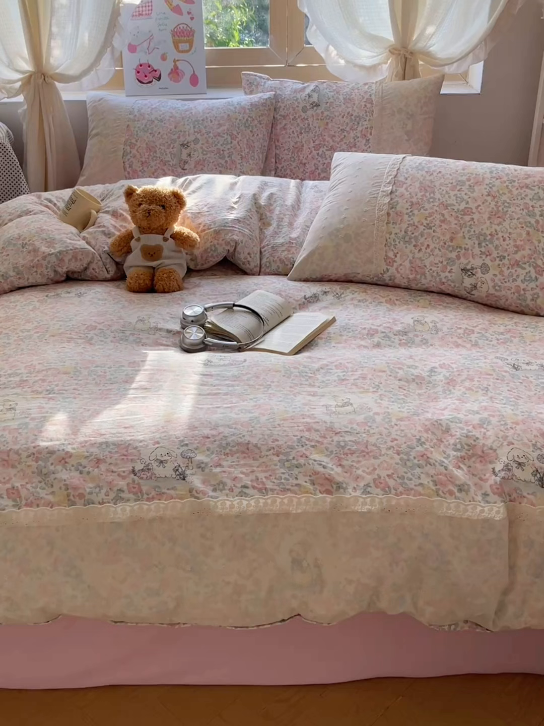 91家纺网 家纺一手货源 找家纺 桃心家居 2025新款云感水洗棉蕾丝花边四件套 水洗棉花边-蕾丝紫幽花兔