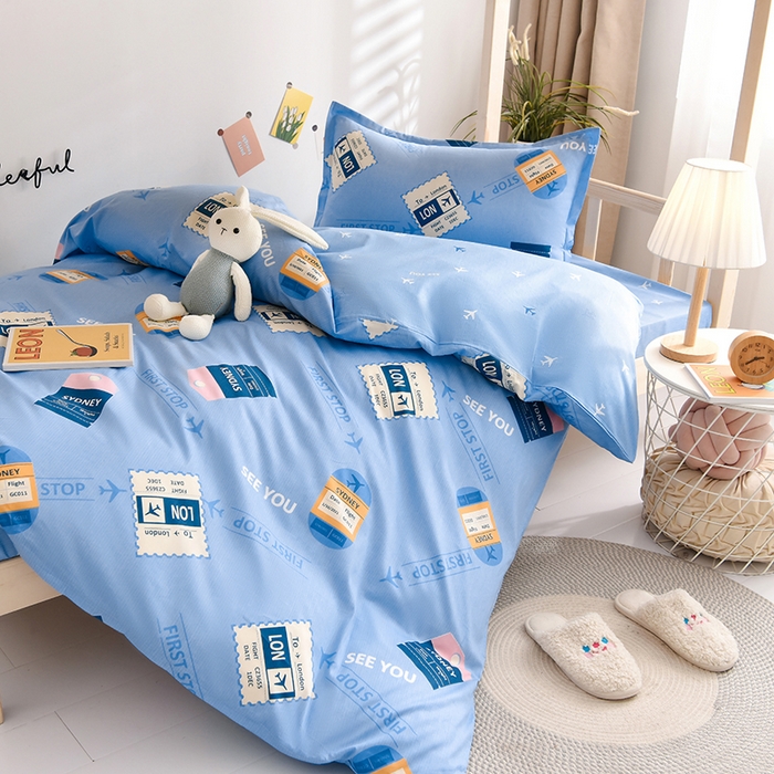 91家纺网 家纺一手货源 找家纺 鑫宇 2025全棉13372床单款印花学生三件套 飞行日记-蓝