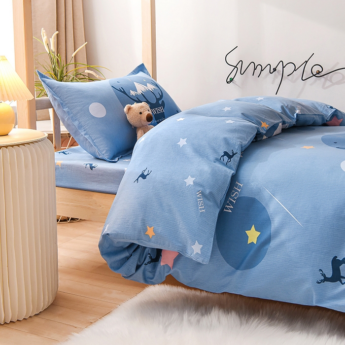 91家纺网 家纺一手货源 找家纺 鑫宇 2025全棉13372床单款印花学生三件套 金鹿角-蓝