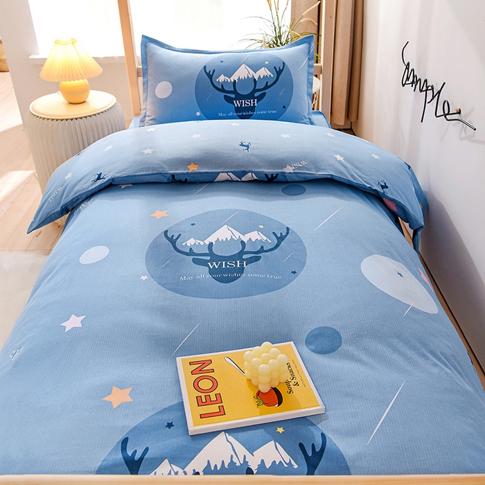 91家纺网 家纺一手货源 找家纺 鑫宇 2025全棉13372床单款印花学生三件套 金鹿角-蓝