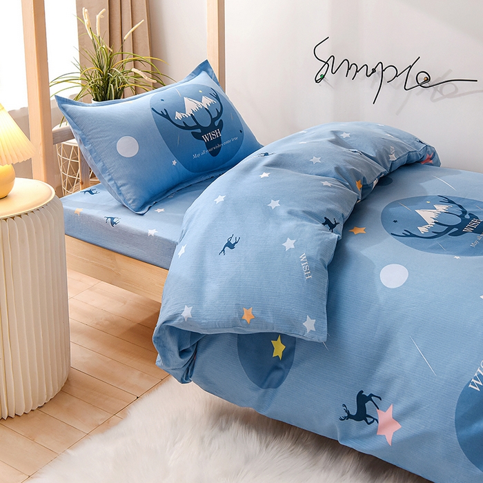 91家纺网 家纺一手货源 找家纺 鑫宇 2025全棉13372床单款印花学生三件套 金鹿角-蓝