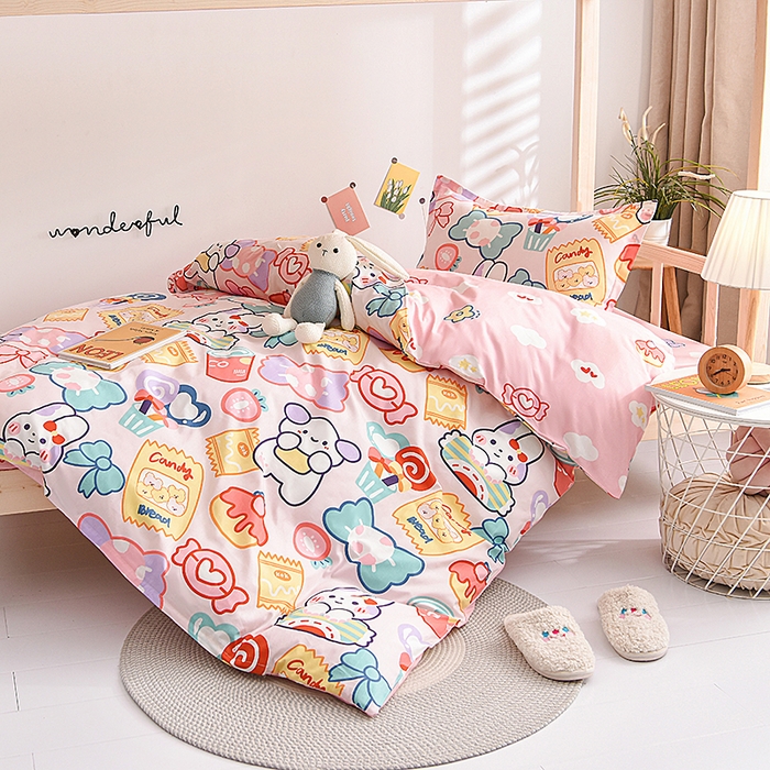 91家纺网 家纺一手货源 找家纺 鑫宇 2025全棉13372床单款印花学生三件套 快乐园-粉