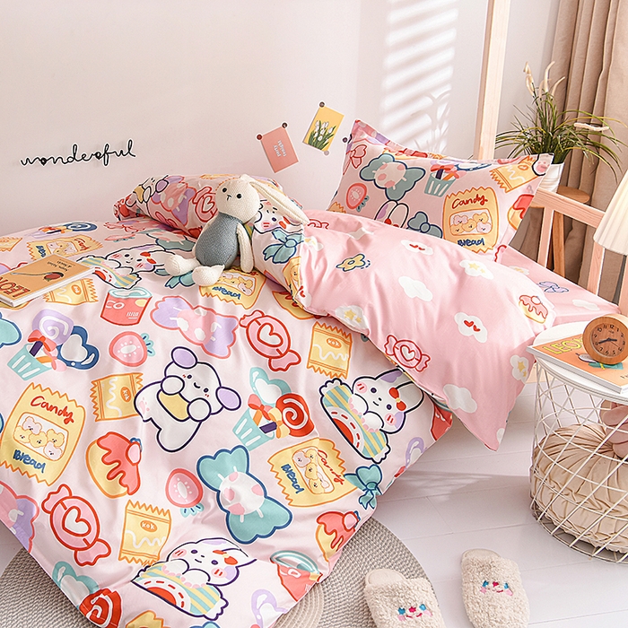 91家纺网 家纺一手货源 找家纺 鑫宇 2025全棉13372床单款印花学生三件套 快乐园-粉