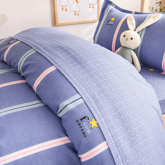 91家纺网 家纺一手货源 找家纺 鑫宇 2025全棉13372床单款印花学生三件套 星梦条纹-灰