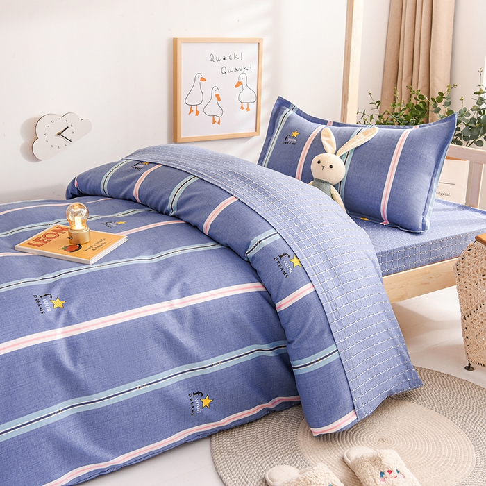 91家纺网 家纺一手货源 找家纺 鑫宇 2025全棉13372床单款印花学生三件套 星梦条纹-灰