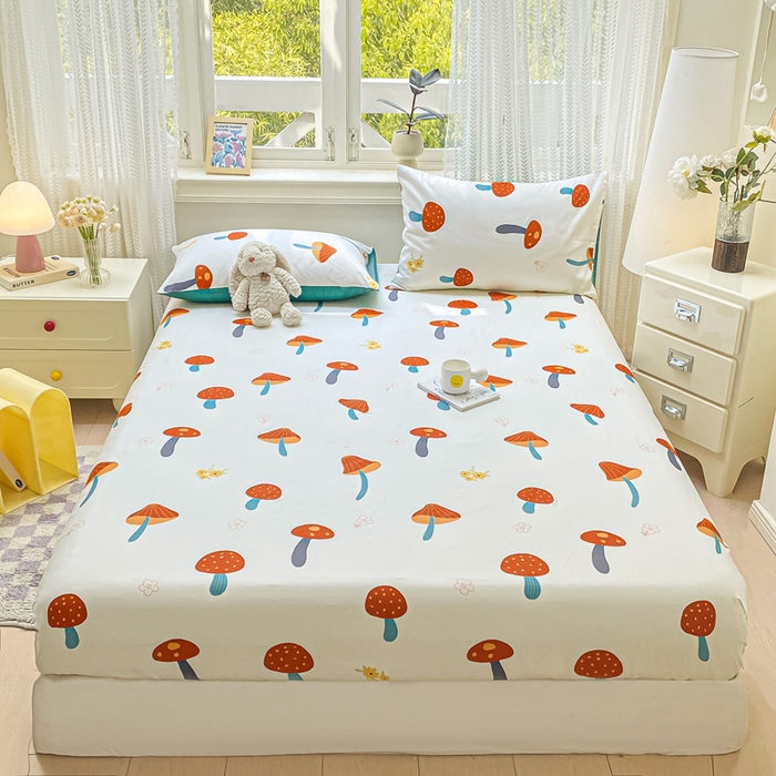 91家纺网 家纺一手货源 找家纺 黑马家居 2025新款全棉纯棉印花单床笠床笠单件 蘑菇