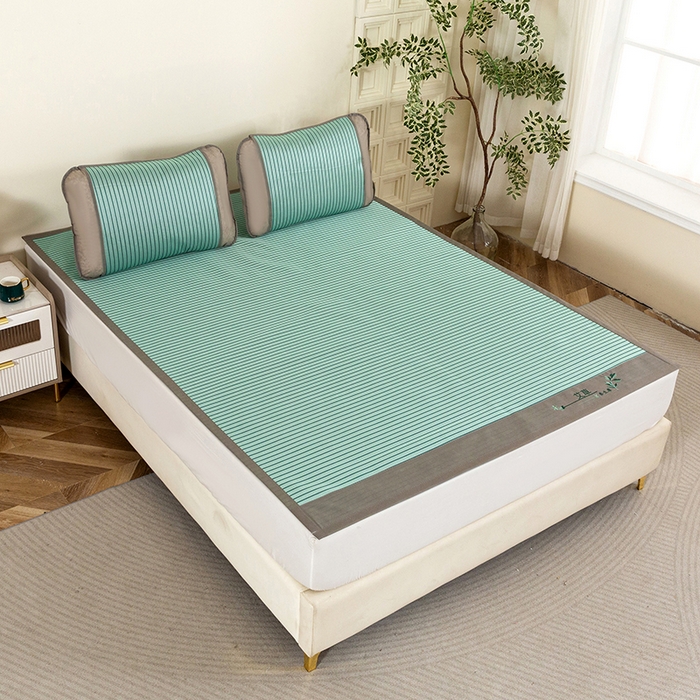 91家纺网 家纺一手货源 找家纺 丹兰 2025新款碳光冰丝席三件套竹席冰藤席艾草席学生席双人床凉席 碳光条纹 绿