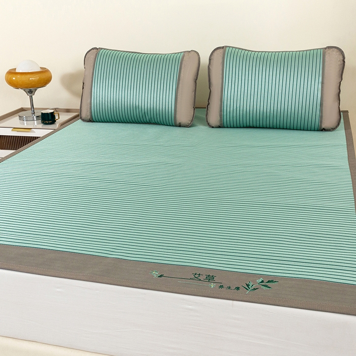91家纺网 家纺一手货源 找家纺 丹兰 2025新款碳光冰丝席三件套竹席冰藤席艾草席学生席双人床凉席 碳光条纹 绿