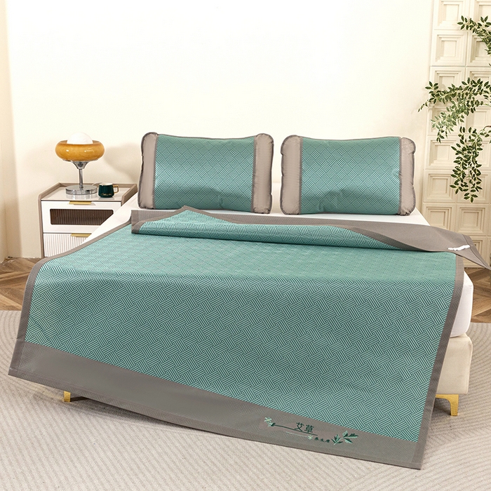 91家纺网 家纺一手货源 找家纺 丹兰 2025新款碳光冰丝席三件套竹席冰藤席艾草席学生席双人床凉席 碳光饼干花 绿