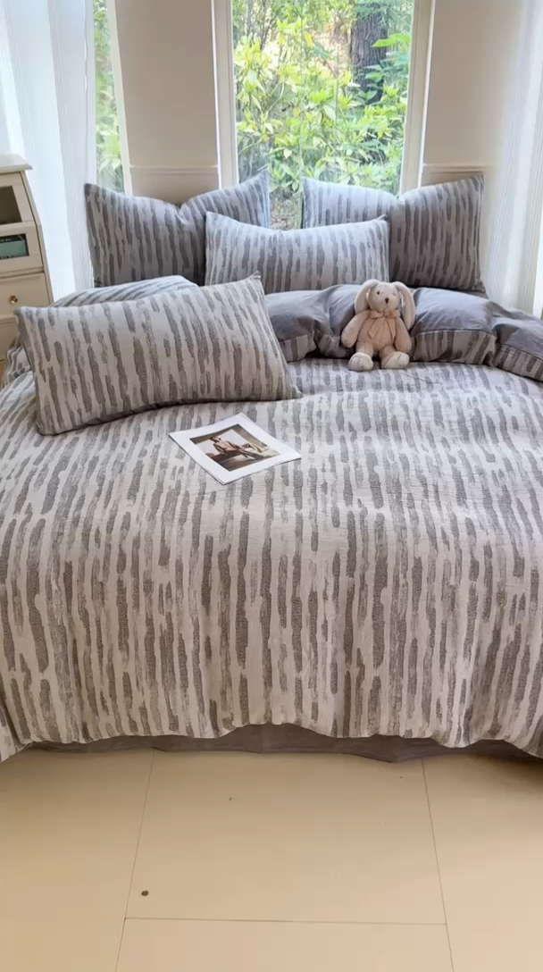 91家纺网 家纺一手货源 找家纺 （总）菡宝 2025新款a类母婴级纯棉全棉纯棉色织三层纱提花四件套支持定制定做尺寸