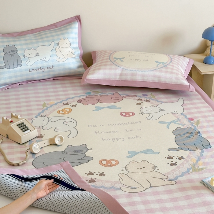 91家纺网 家纺一手货源 找家纺 觅糖家纺2025新款韩系数码卡通印花冰藤席 冰藤席-猫猫乐园