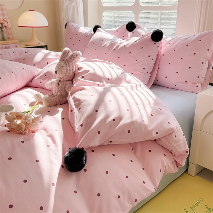 91家纺网 家纺一手货源 找家纺 多品家纺 2025新款超柔水洗棉奶油系毛球款单被套 波点海盐粉