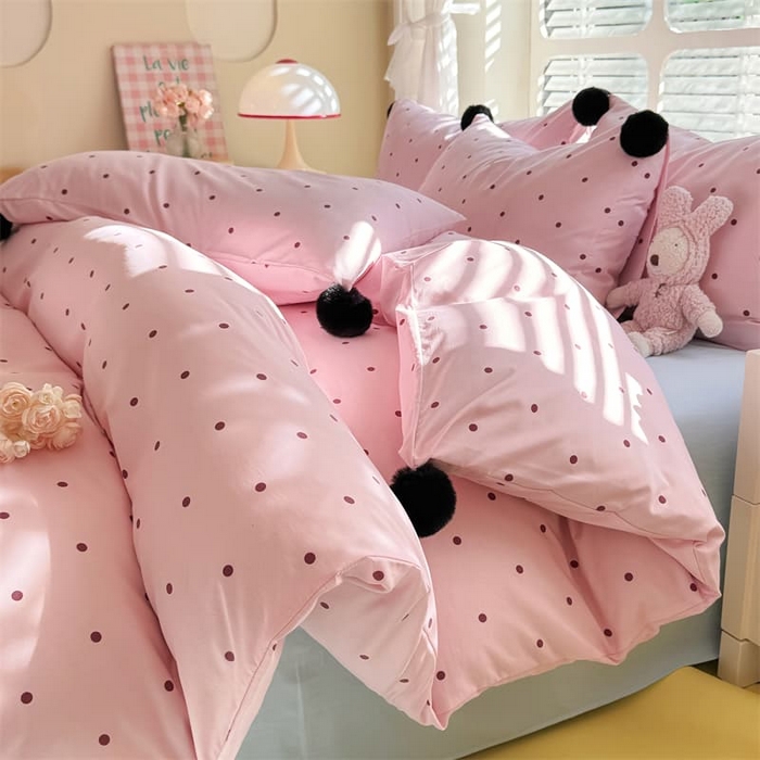 91家纺网 家纺一手货源 找家纺 多品家纺 2025新款超柔水洗棉奶油系毛球款单被套 波点海盐粉