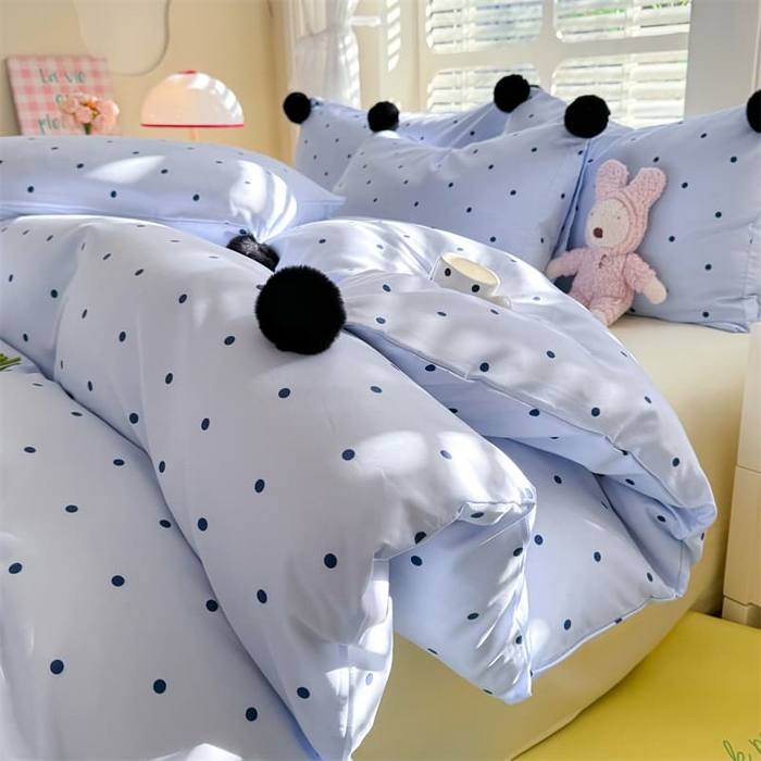 多品家纺 2025新款超柔水洗棉奶油系毛球款单被套 波点海盐蓝