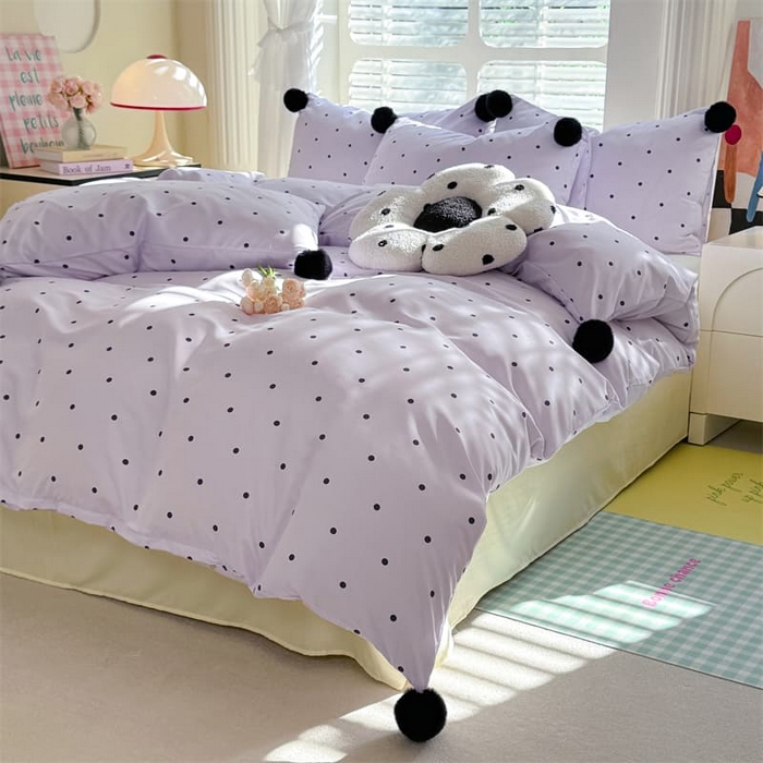 91家纺网 家纺一手货源 找家纺 多品家纺 2025新款超柔水洗棉奶油系毛球款单被套 波点海盐紫