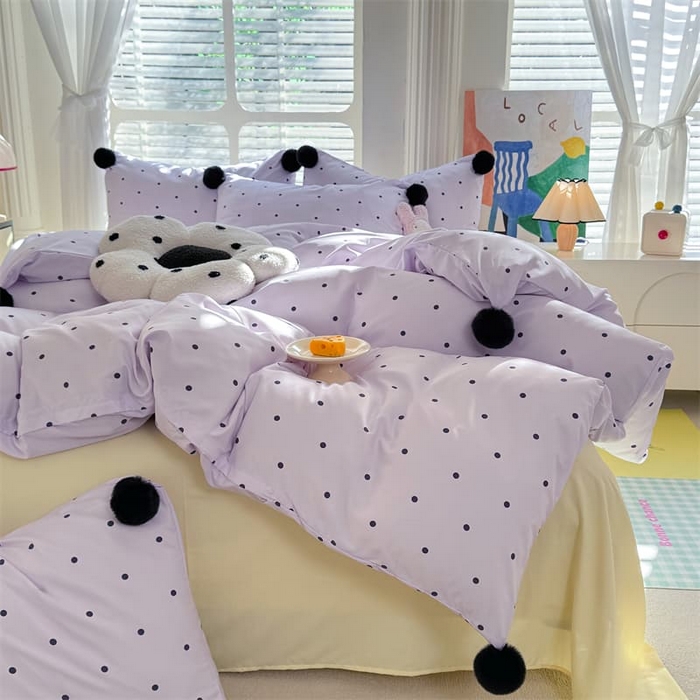 91家纺网 家纺一手货源 找家纺 多品家纺 2025新款超柔水洗棉奶油系毛球款单被套 波点海盐紫