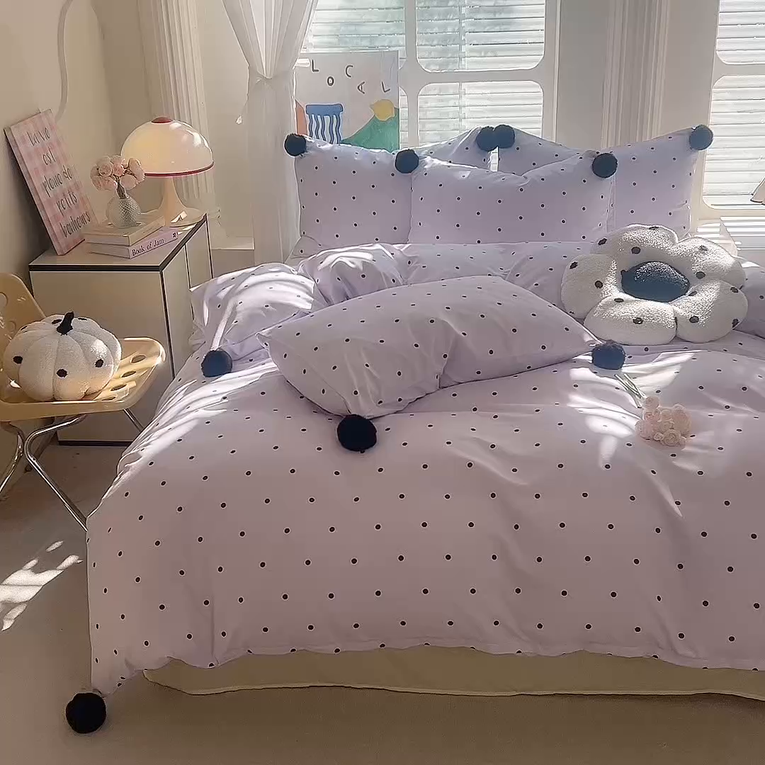 91家纺网 家纺一手货源 找家纺 多品家纺 2025新款超柔水洗棉奶油系毛球款单被套 波点海盐紫