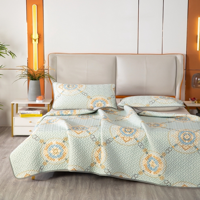 91家纺网 家纺一手货源 找家纺 美丽折家纺 2025夏季新品高端加厚8mm全冰丝生物基乳胶凉席三件套 水洗天然乳胶凉席 富贵华庭绿