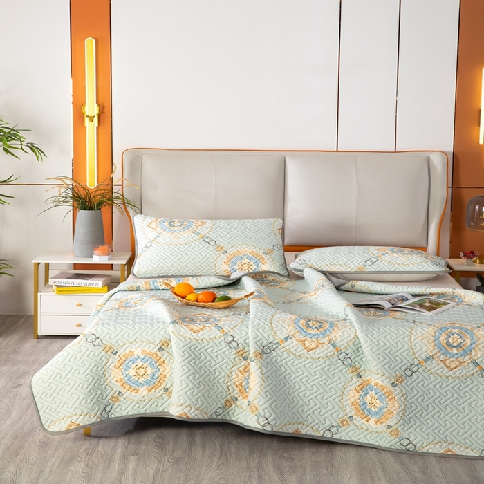 91家纺网 家纺一手货源 找家纺 美丽折家纺 2025夏季新品高端加厚8mm全冰丝生物基乳胶凉席三件套 水洗天然乳胶凉席 富贵华庭绿