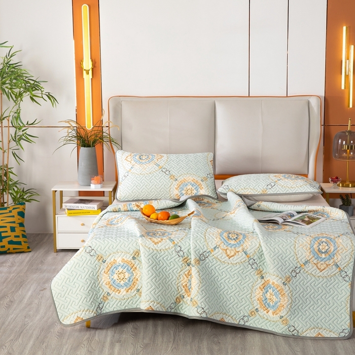 91家纺网 家纺一手货源 找家纺 美丽折家纺 2025夏季新品高端加厚8mm全冰丝生物基乳胶凉席三件套 水洗天然乳胶凉席 富贵华庭绿