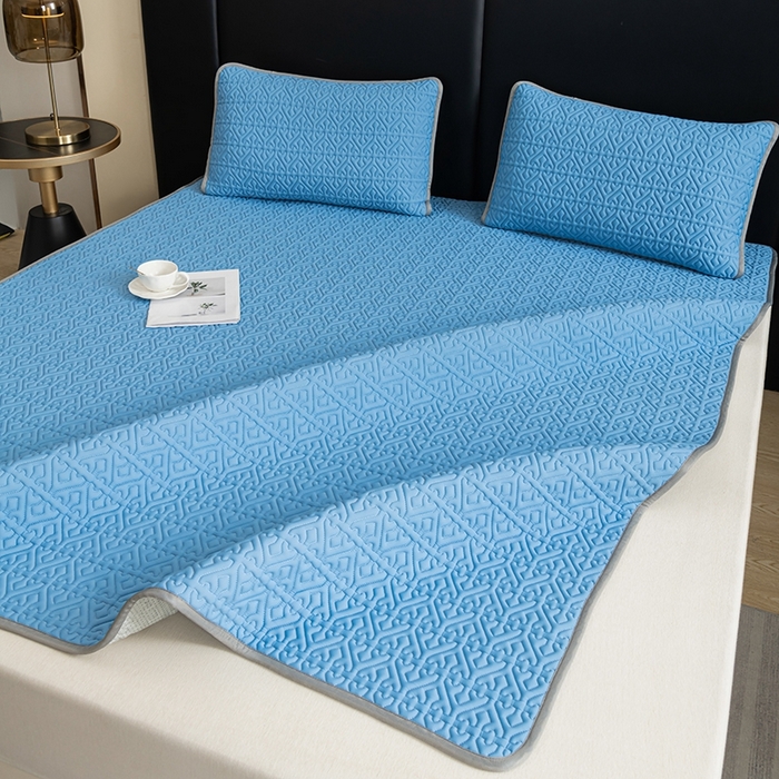 91家纺网 家纺一手货源 找家纺 美丽折家纺 2025夏季新品高端加厚8mm全冰丝生物基乳胶凉席三件套 水洗天然乳胶凉席 孔雀蓝Y