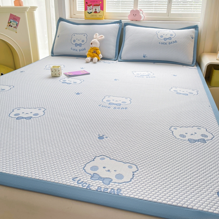 91家纺网 家纺一手货源 找家纺 梵朴 2025新款直播A类冰豆豆凉席席子三件套凉豆豆软凉席可机洗空调席子 LUCK熊-蓝