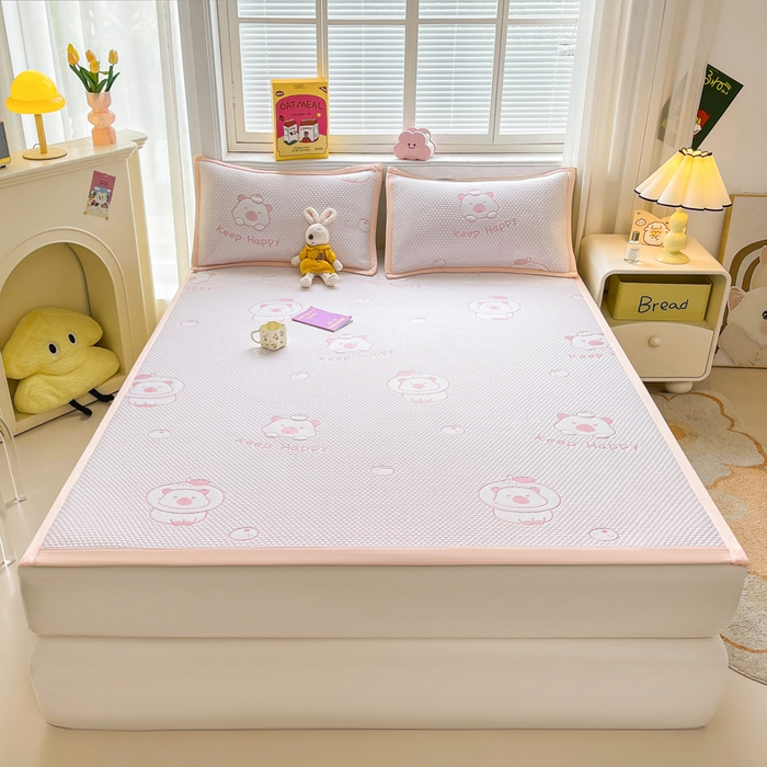 91家纺网 家纺一手货源 找家纺 梵朴 2025新款直播A类冰豆豆凉席席子三件套凉豆豆软凉席可机洗空调席子 卡皮巴拉-粉