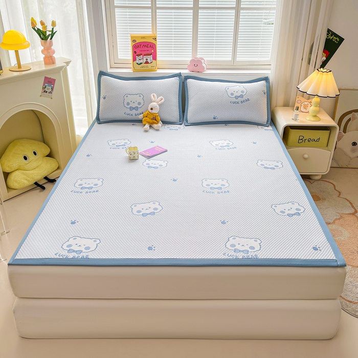 91家纺网 家纺一手货源 找家纺 梵朴 2025新款直播A类冰豆豆凉席席子三件套凉豆豆软凉席可机洗空调席子 LUCK熊-蓝