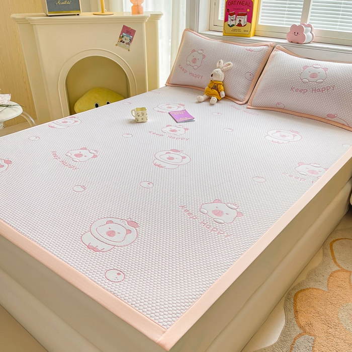 91家纺网 家纺一手货源 找家纺 梵朴 2025新款直播A类冰豆豆凉席席子三件套凉豆豆软凉席可机洗空调席子 卡皮巴拉-粉