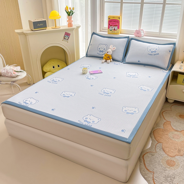 91家纺网 家纺一手货源 找家纺 梵朴 2025新款直播A类冰豆豆凉席席子三件套凉豆豆软凉席可机洗空调席子 LUCK熊-蓝