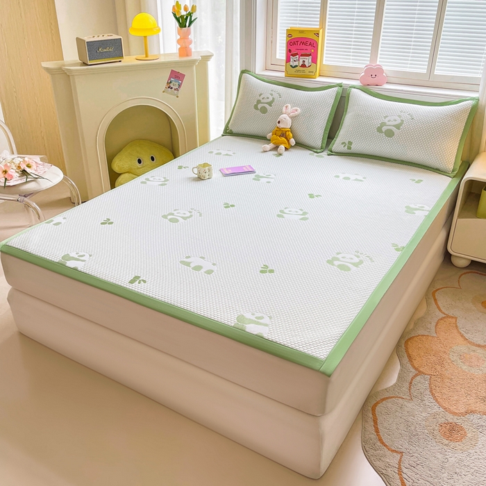 91家纺网 家纺一手货源 找家纺 梵朴 2025新款直播A类冰豆豆凉席席子三件套凉豆豆软凉席可机洗空调席子 小熊猫-绿