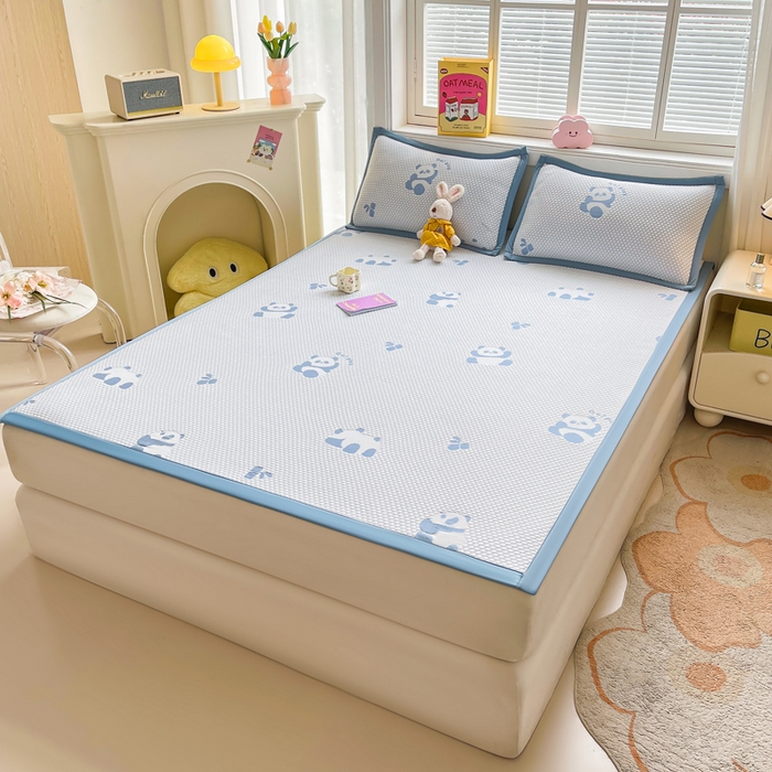 91家纺网 家纺一手货源 找家纺 梵朴 2025新款直播A类冰豆豆凉席席子三件套凉豆豆软凉席可机洗空调席子 小熊猫-蓝