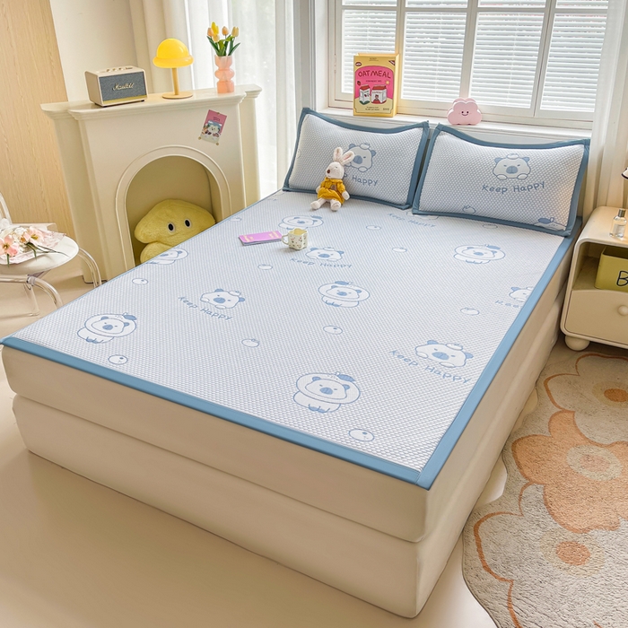 91家纺网 家纺一手货源 找家纺 梵朴 2025新款直播A类冰豆豆凉席席子三件套凉豆豆软凉席可机洗空调席子 卡皮巴拉-蓝