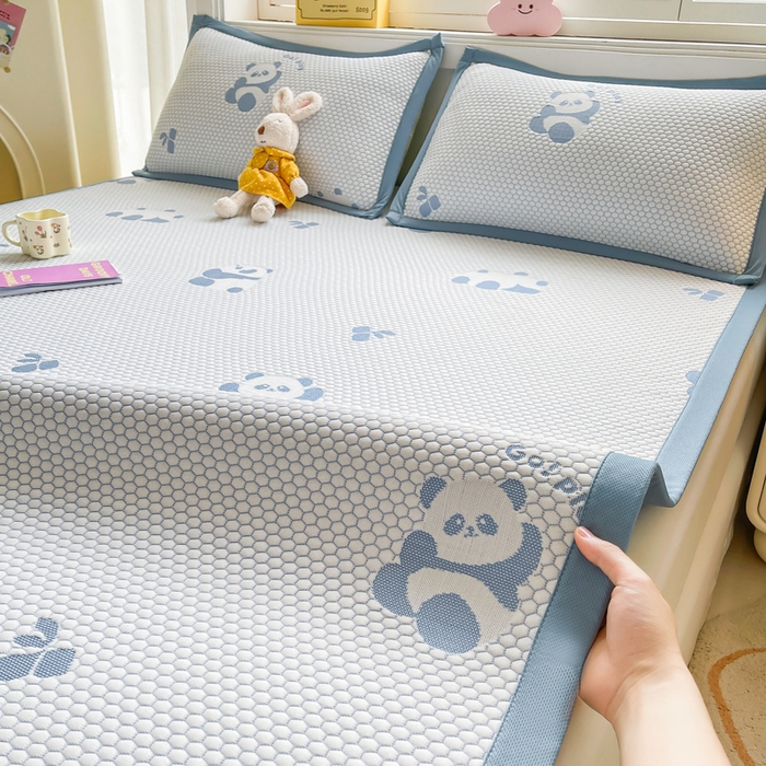 91家纺网 家纺一手货源 找家纺 梵朴 2025新款直播A类冰豆豆凉席席子三件套凉豆豆软凉席可机洗空调席子 小熊猫-蓝