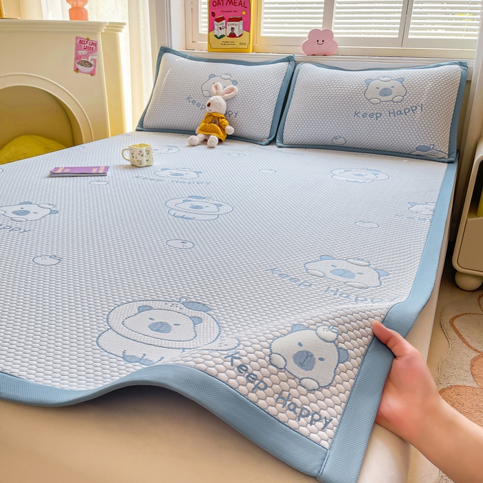 91家纺网 家纺一手货源 找家纺 梵朴 2025新款直播A类冰豆豆凉席席子三件套凉豆豆软凉席可机洗空调席子 卡皮巴拉-蓝