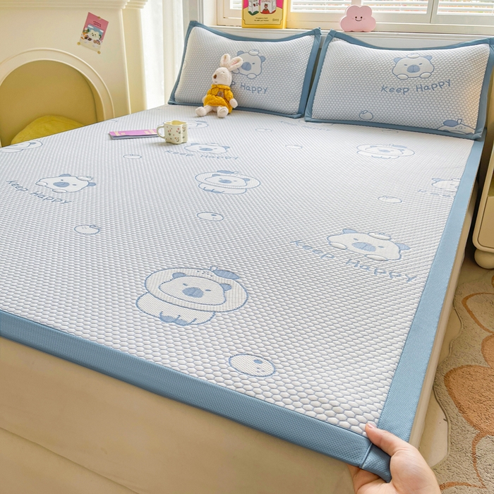 91家纺网 家纺一手货源 找家纺 梵朴 2025新款直播A类冰豆豆凉席席子三件套凉豆豆软凉席可机洗空调席子 卡皮巴拉-蓝