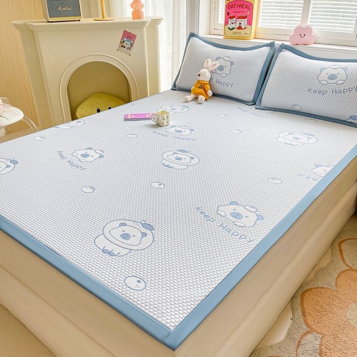 91家纺网 家纺一手货源 找家纺 梵朴 2025新款直播A类冰豆豆凉席席子三件套凉豆豆软凉席可机洗空调席子 卡皮巴拉-蓝