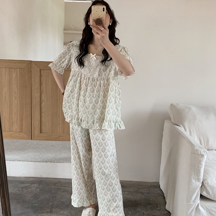 91家纺网 家纺一手货源 找家纺 （总）妍景家居生活馆 2025新款25615-绿色碎花方领套装