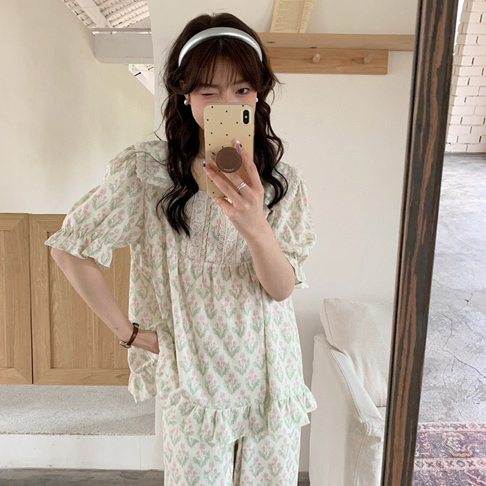 91家纺网 家纺一手货源 找家纺 （总）妍景家居生活馆 2025新款25615-绿色碎花方领套装