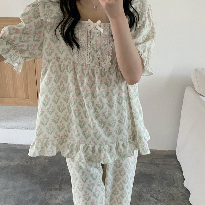 91家纺网 家纺一手货源 找家纺 （总）妍景家居生活馆 2025新款25615-绿色碎花方领套装