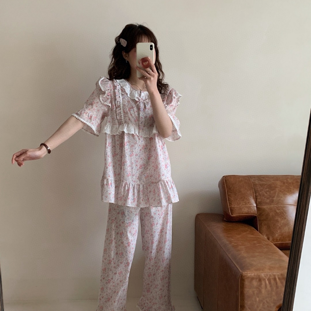 （總）妍景家居生活館 2025新款蕾絲碎花圓領套裝款