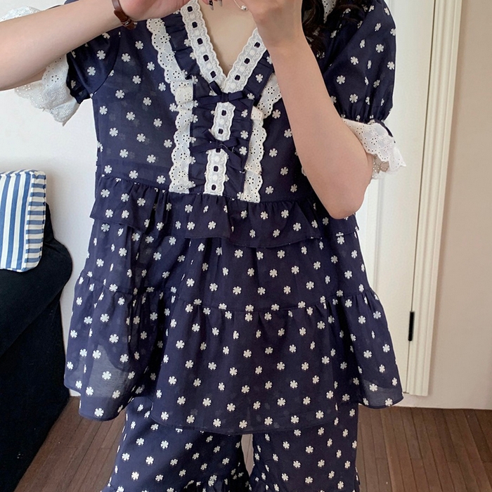 91家纺网 家纺一手货源 找家纺 （总）妍景家居生活馆 2025新款25639-蕾丝绣花V领套装