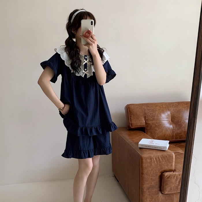 （总）妍景家居生活馆 2025新款25655-蕾丝花边蝴蝶结圆领套装