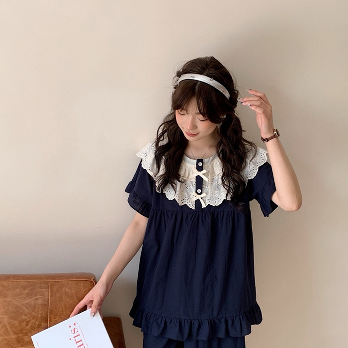 91家纺网 家纺一手货源 找家纺 （总）妍景家居生活馆 2025新款25655-蕾丝花边蝴蝶结圆领套装