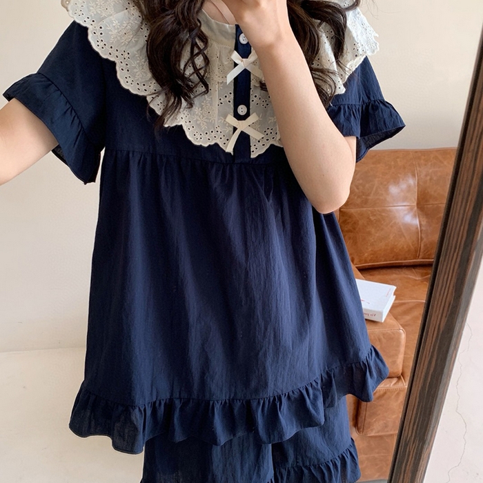 91家纺网 家纺一手货源 找家纺 （总）妍景家居生活馆 2025新款25655-蕾丝花边蝴蝶结圆领套装